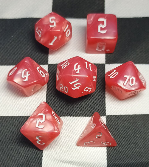 7 x Polyhedral Dice Chaos Pearl Pink with White