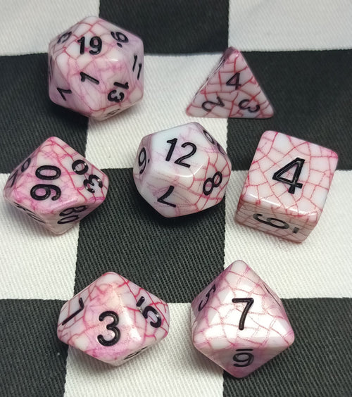 7 x Polyhedral Dice Cracked White Red with Black