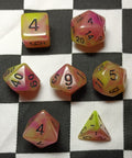 7 x Polyhedral Dice Glow in the Dark Yellow Purple with Black