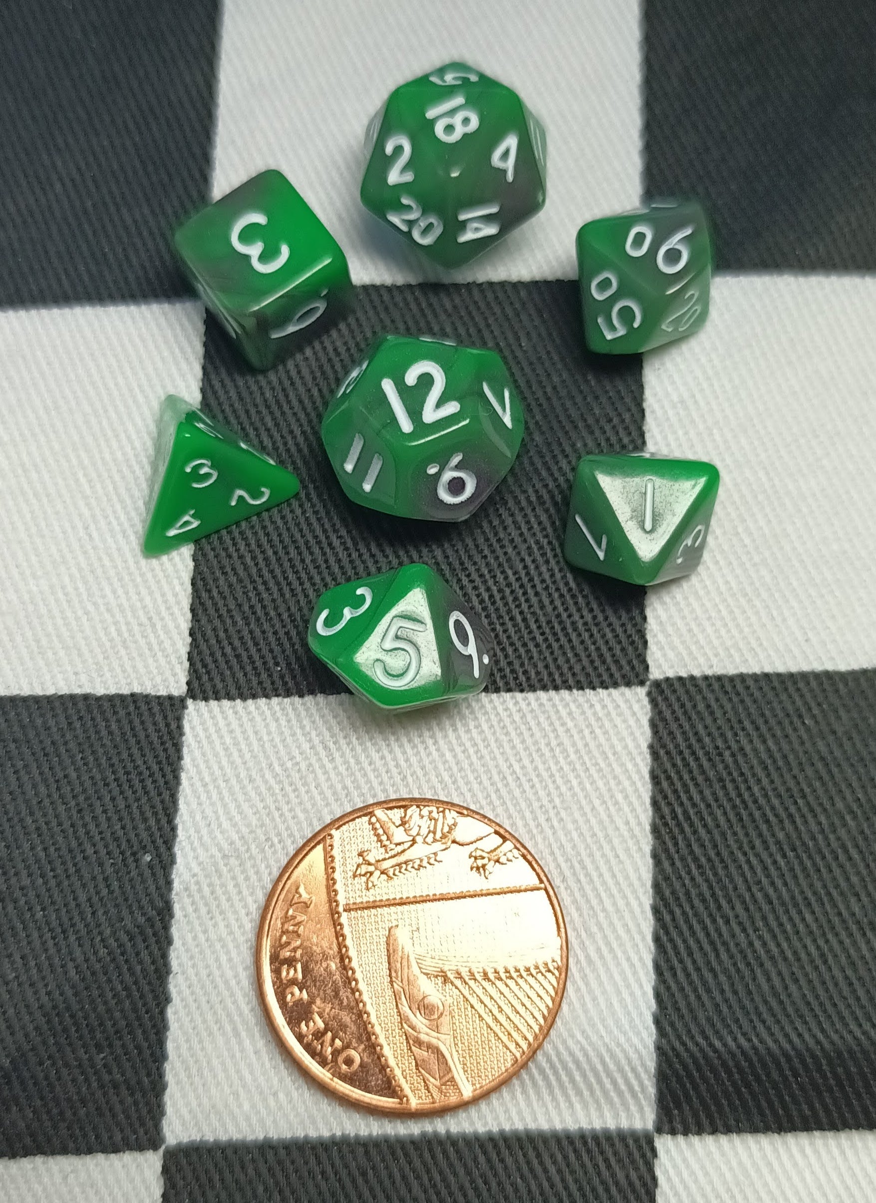 7 x Polyhedral Dice Mini 10mm Opaque Green Black with White