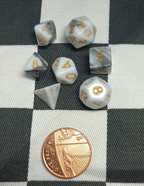 7 x Polyhedral Dice Mini 10mm Opaque White Black with Gold