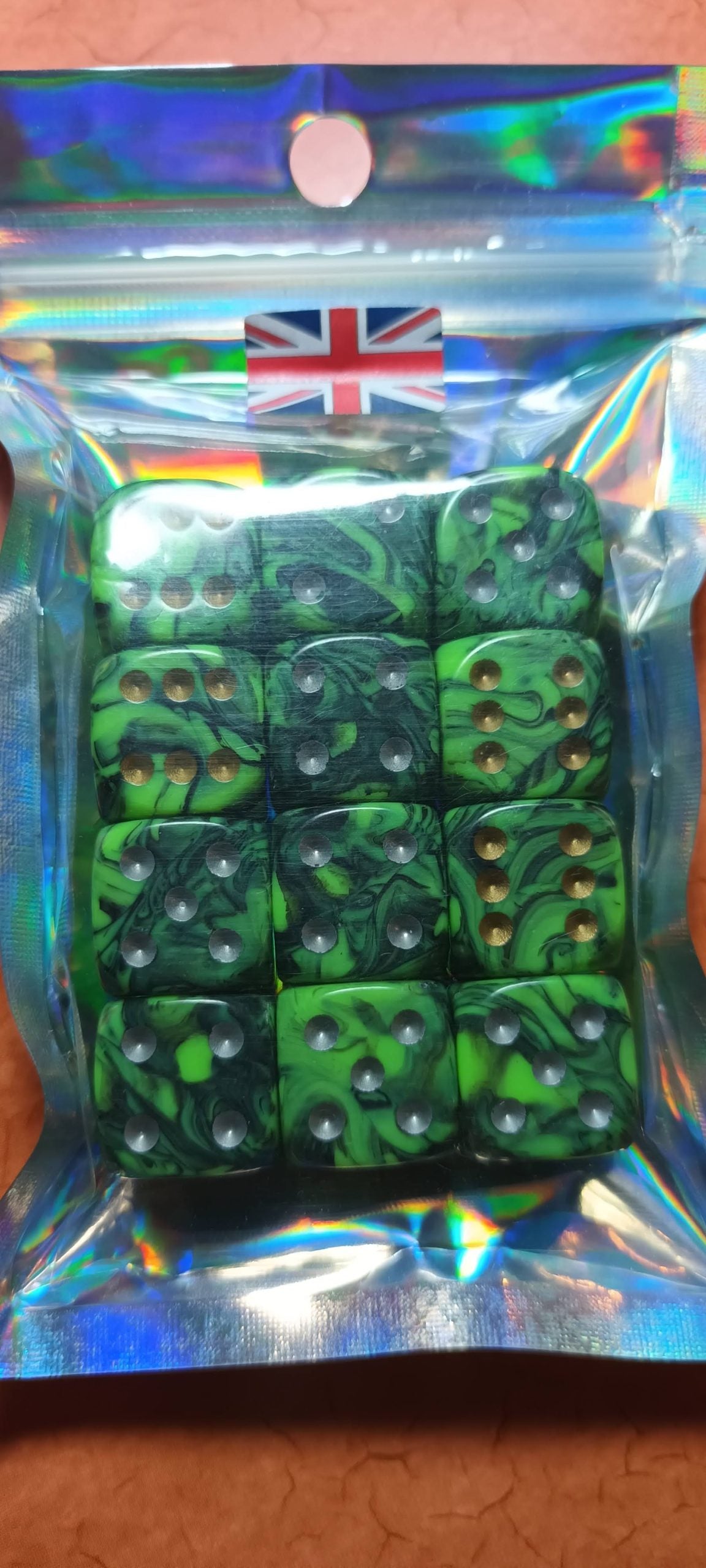 12 x 16mm D6 Black Green Marble with Steel and Gold 6's UK Made Dice