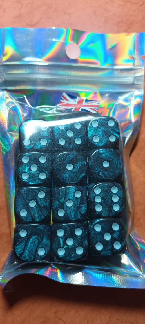 12 x 16mm D6 Blue/Black Shimmer with White UK Made Dice