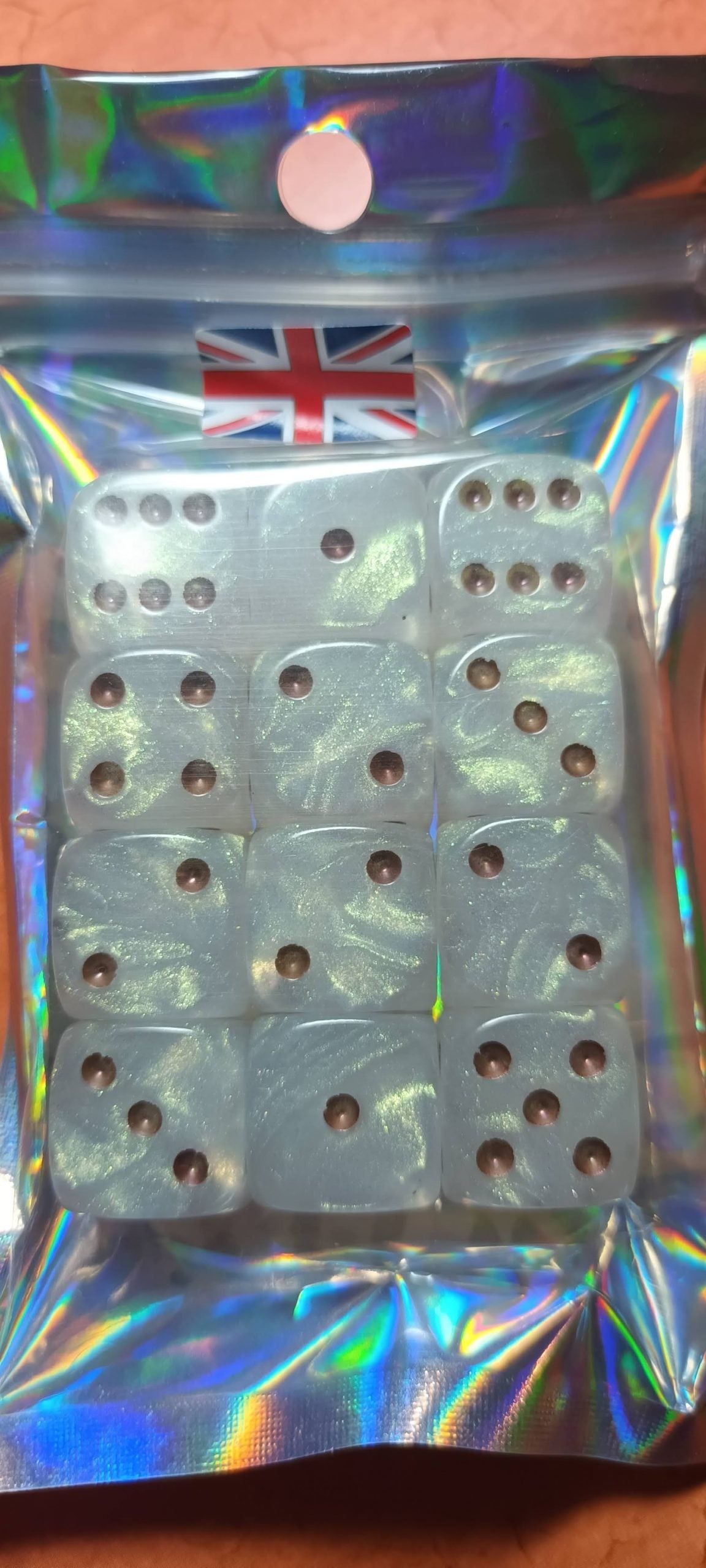 12 x 16mm D6 White Gold Shimmer with Copper UK Made Dice