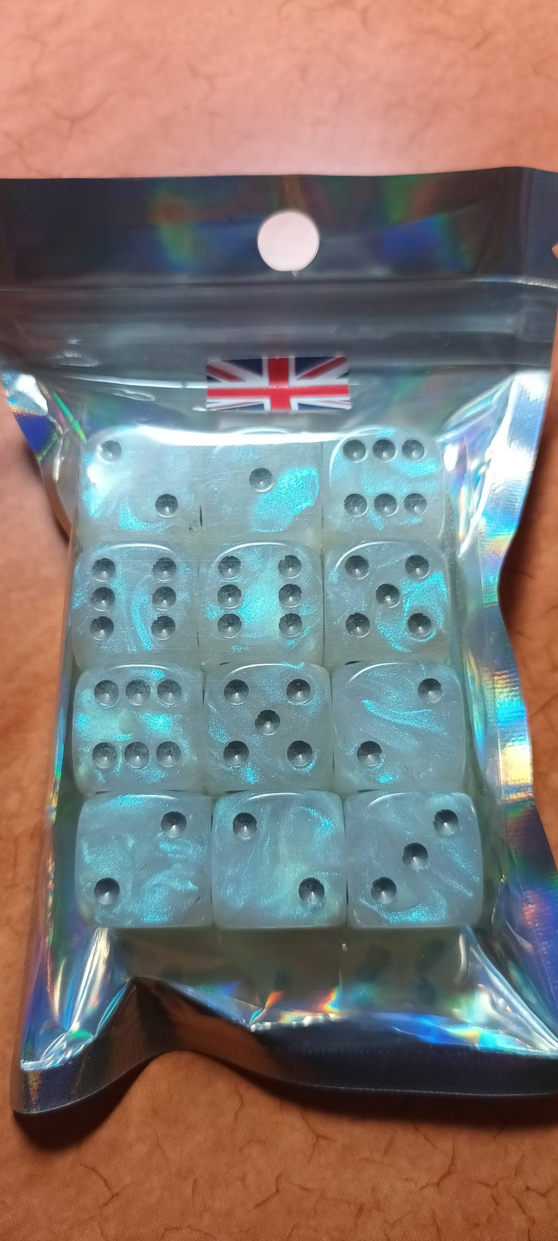 12 x 16mm D6 White Blue Shimmer with Steel UK Made Dice