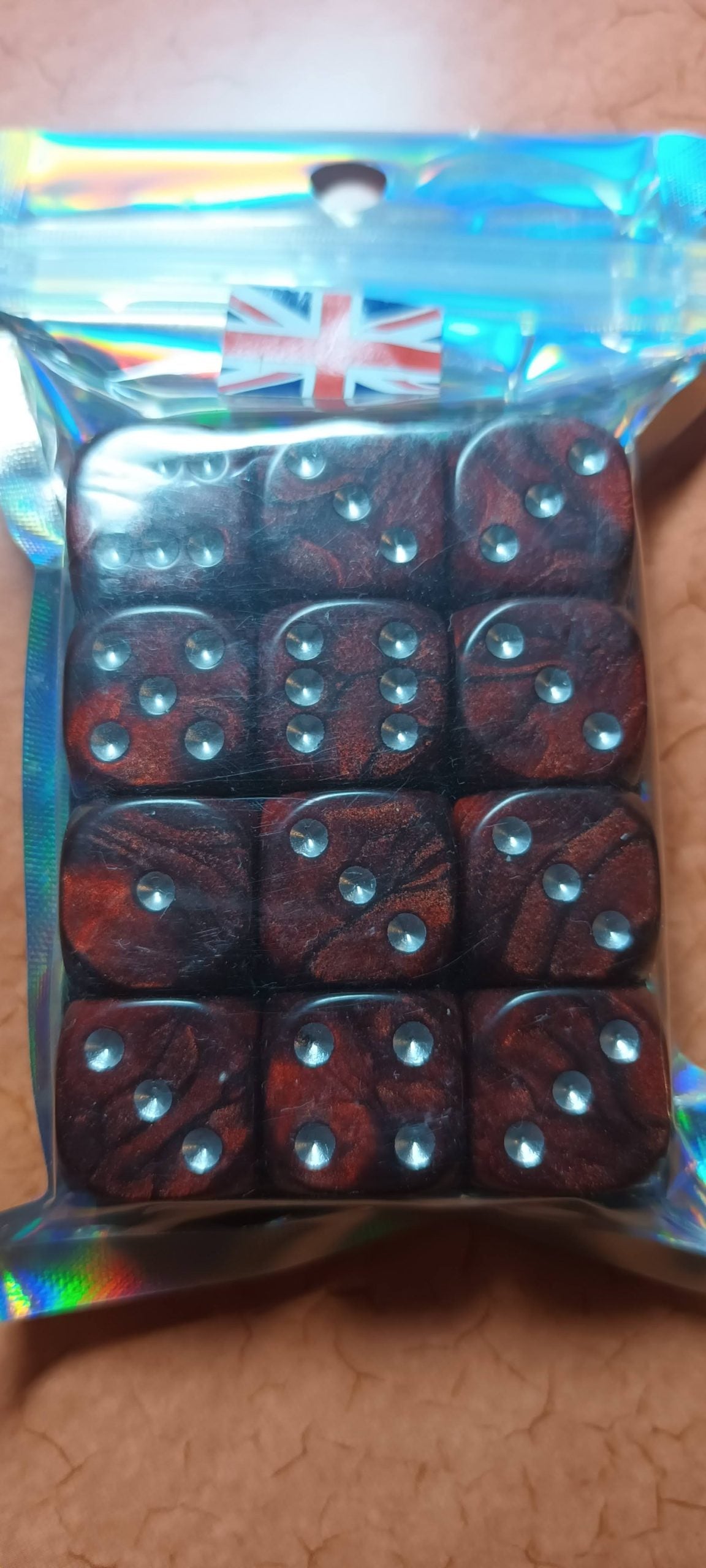 12 x 16mm D6 Mahogany with Silver UK Made Dice
