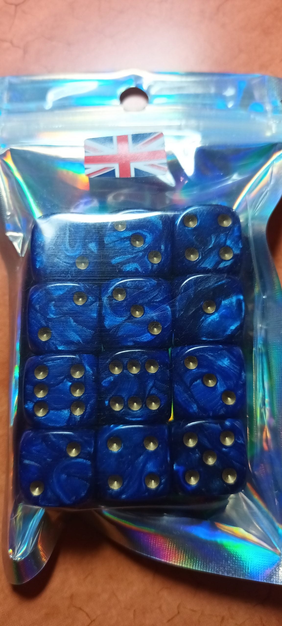 12 x 16mm D6 Blue Shimmer with Gold UK Made Dice