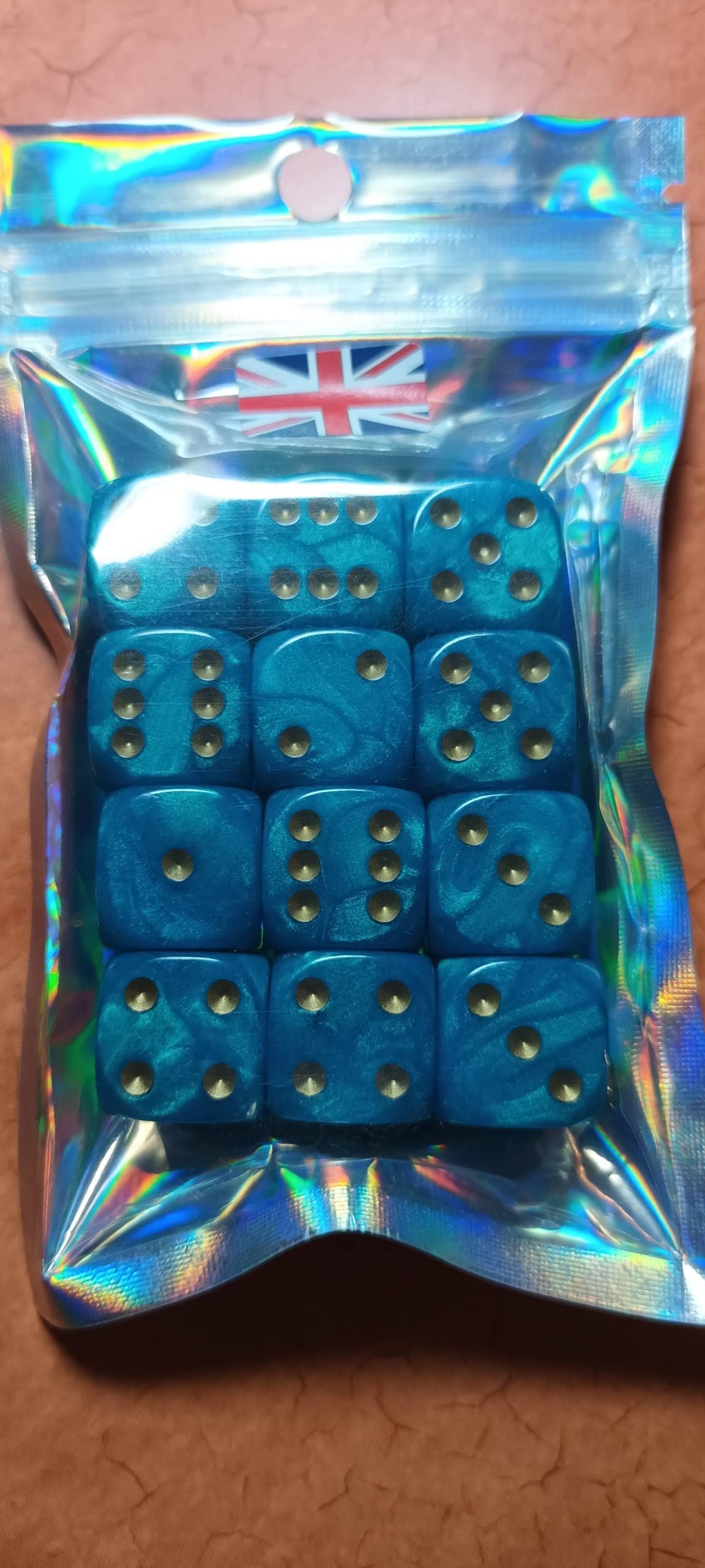 12 x 16mm D6 Teal Shimmer with Gold UK Made Dice