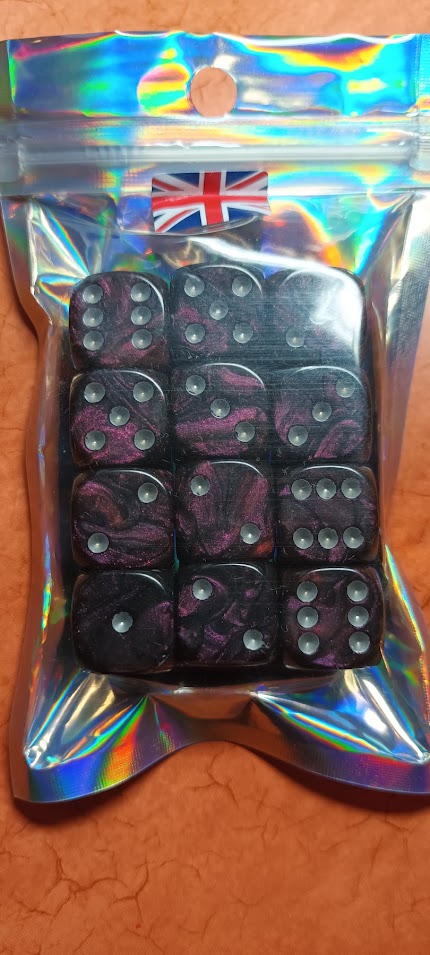 12 x 16mm D6 Purple/Black Shimmer with Silver UK Made Dice