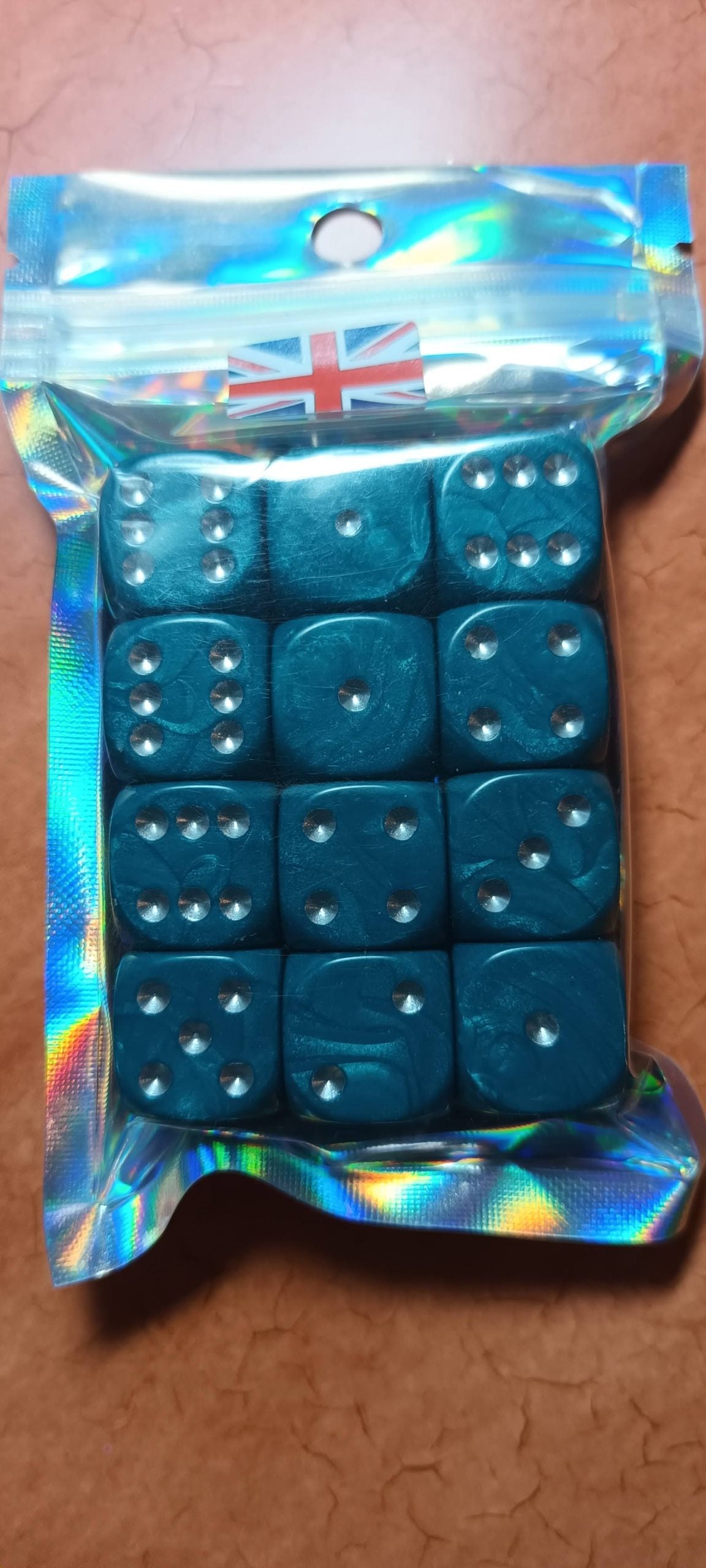 12 x 16mm D6 Petrol Blue Shimmer with Silver British Made Dice