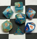 7 x Polyhedral Dice Rune Blue White Yellow with Orange