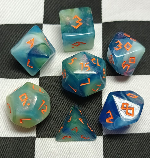 7 x Polyhedral Dice Rune Blue White Yellow with Orange