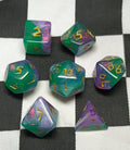 7 x Polyhedral Dice Rune Green White Lilac with Gold