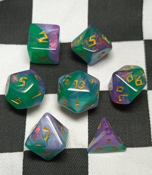 7 x Polyhedral Dice Rune Green White Lilac with Gold