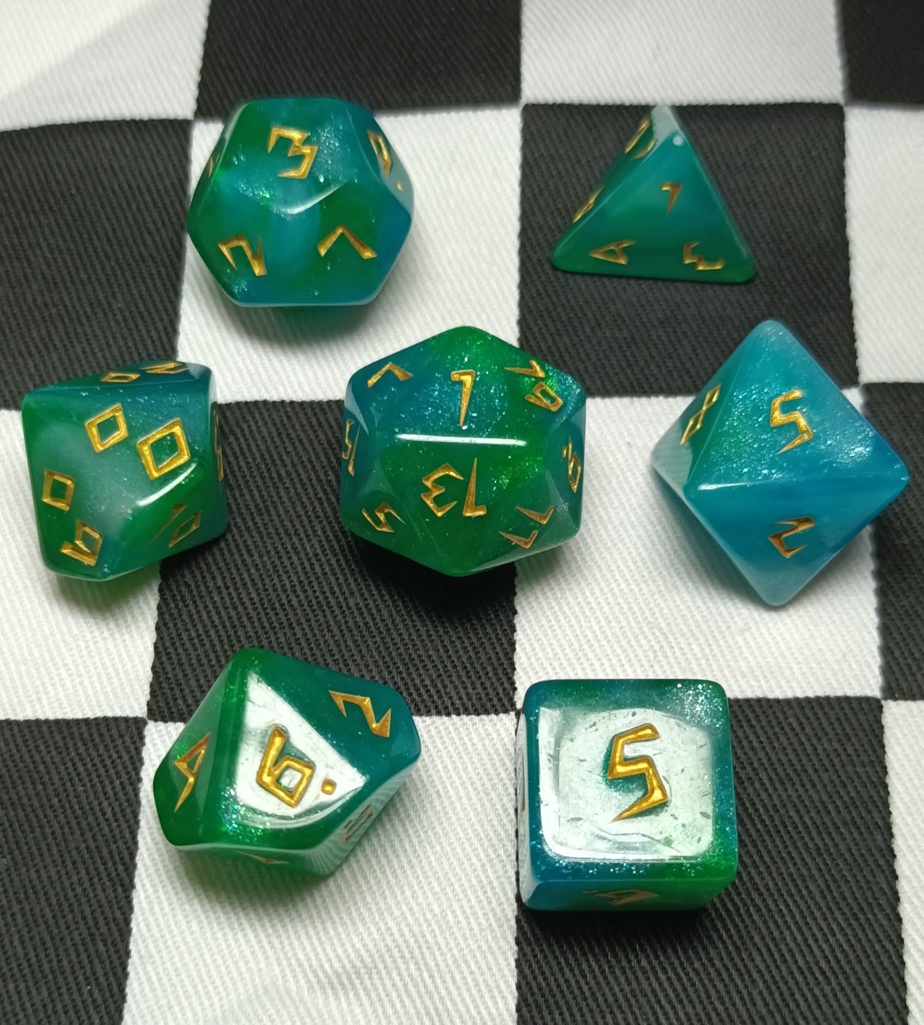 7 x Polyhedral Dice Rune Blue White Green with Gold