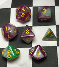 7 x Polyhedral Dice Rune Purple White Green with Yellow