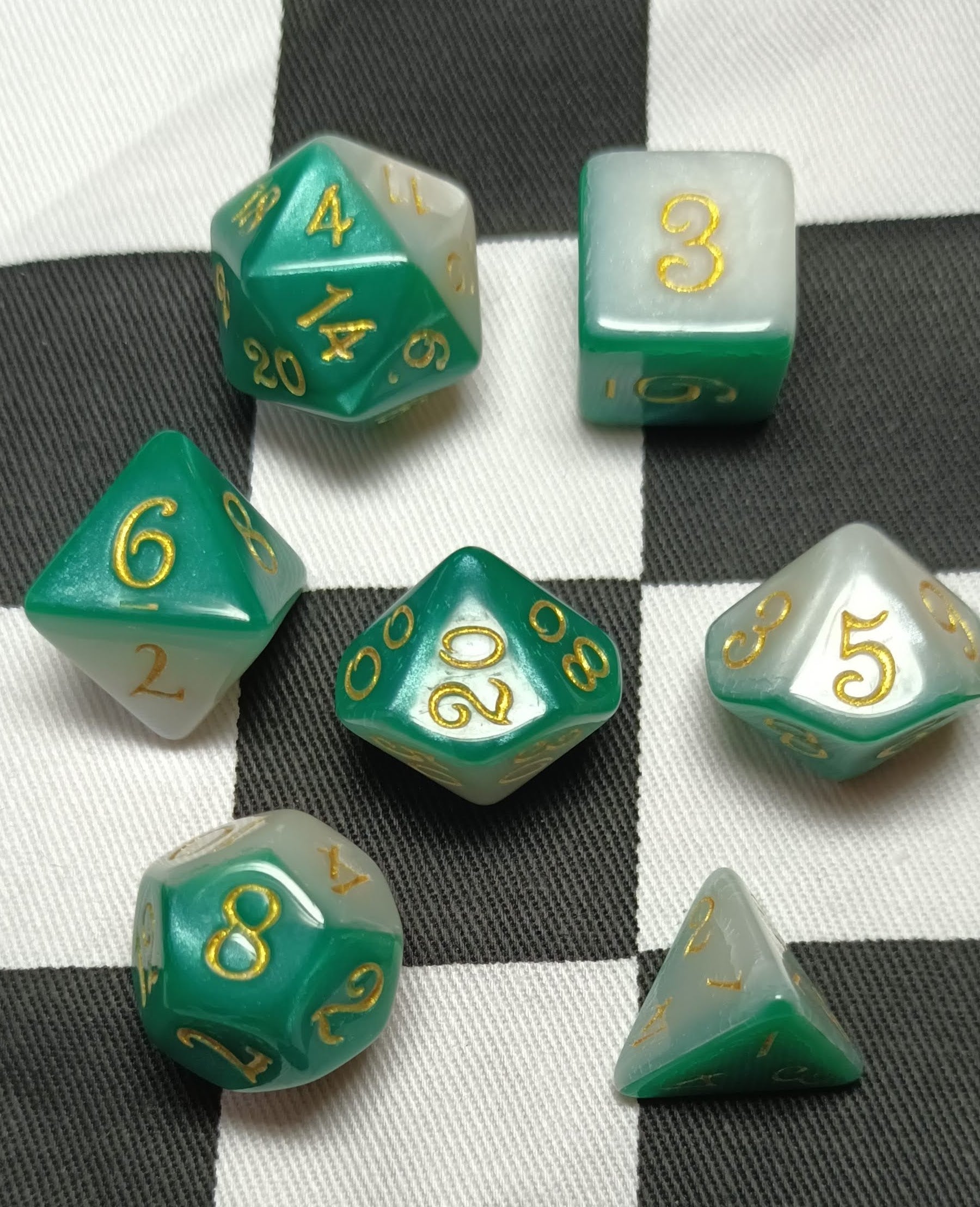 7 x Polyhedral Dice Script Green White with Gold