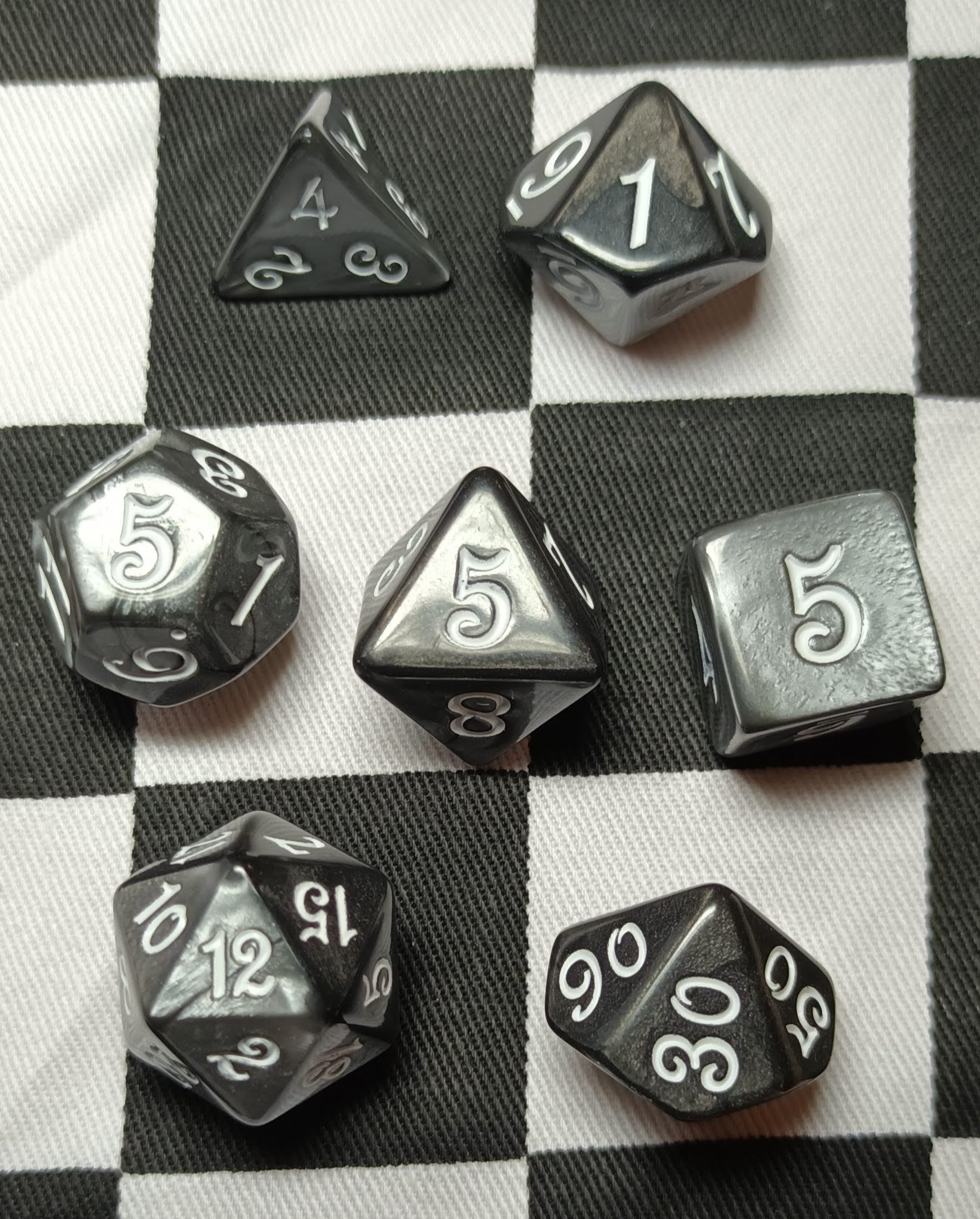 7 x Polyhedral Dice Script Steel Black with White