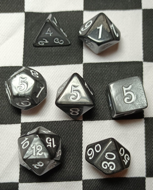 7 x Polyhedral Dice Script Steel Black with White