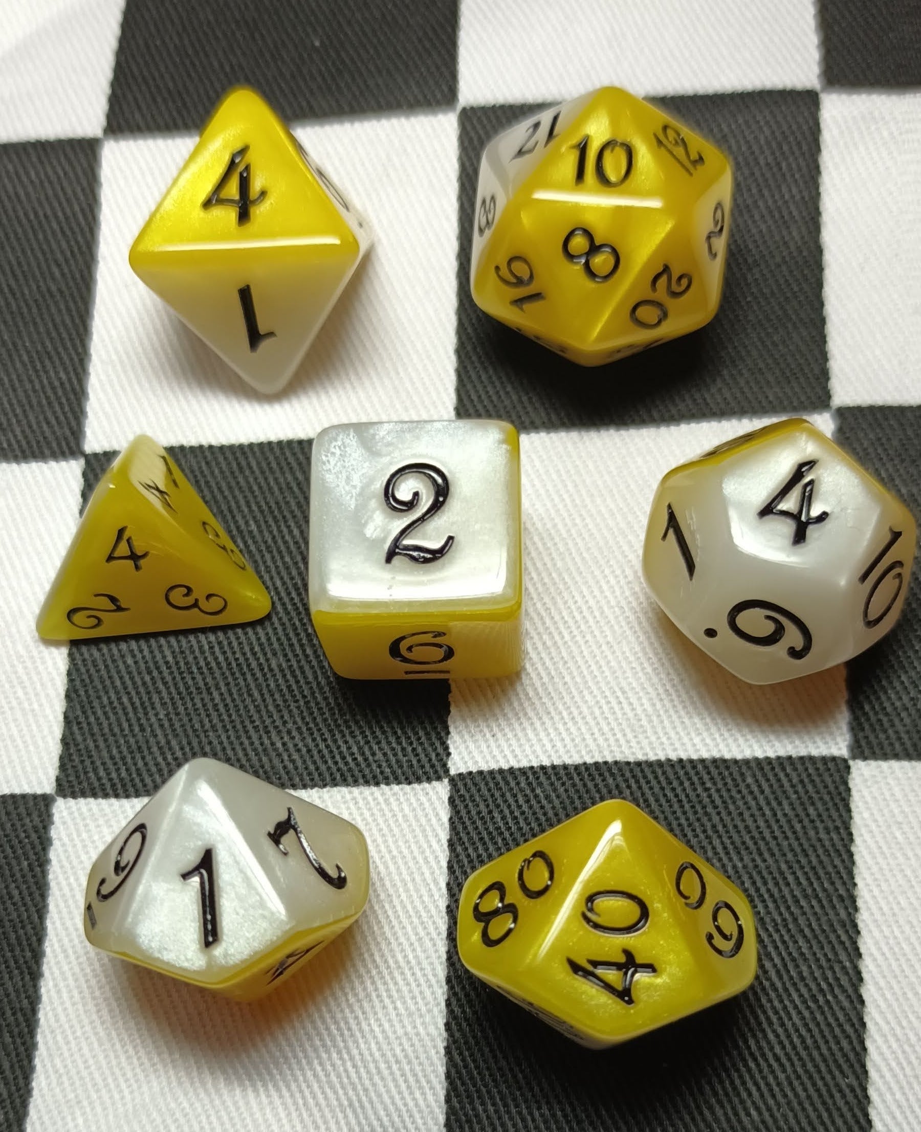 7 x Polyhedral Dice Script Yellow White with Black