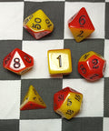 7 x Polyhedral Dice Script Yellow Red with Black
