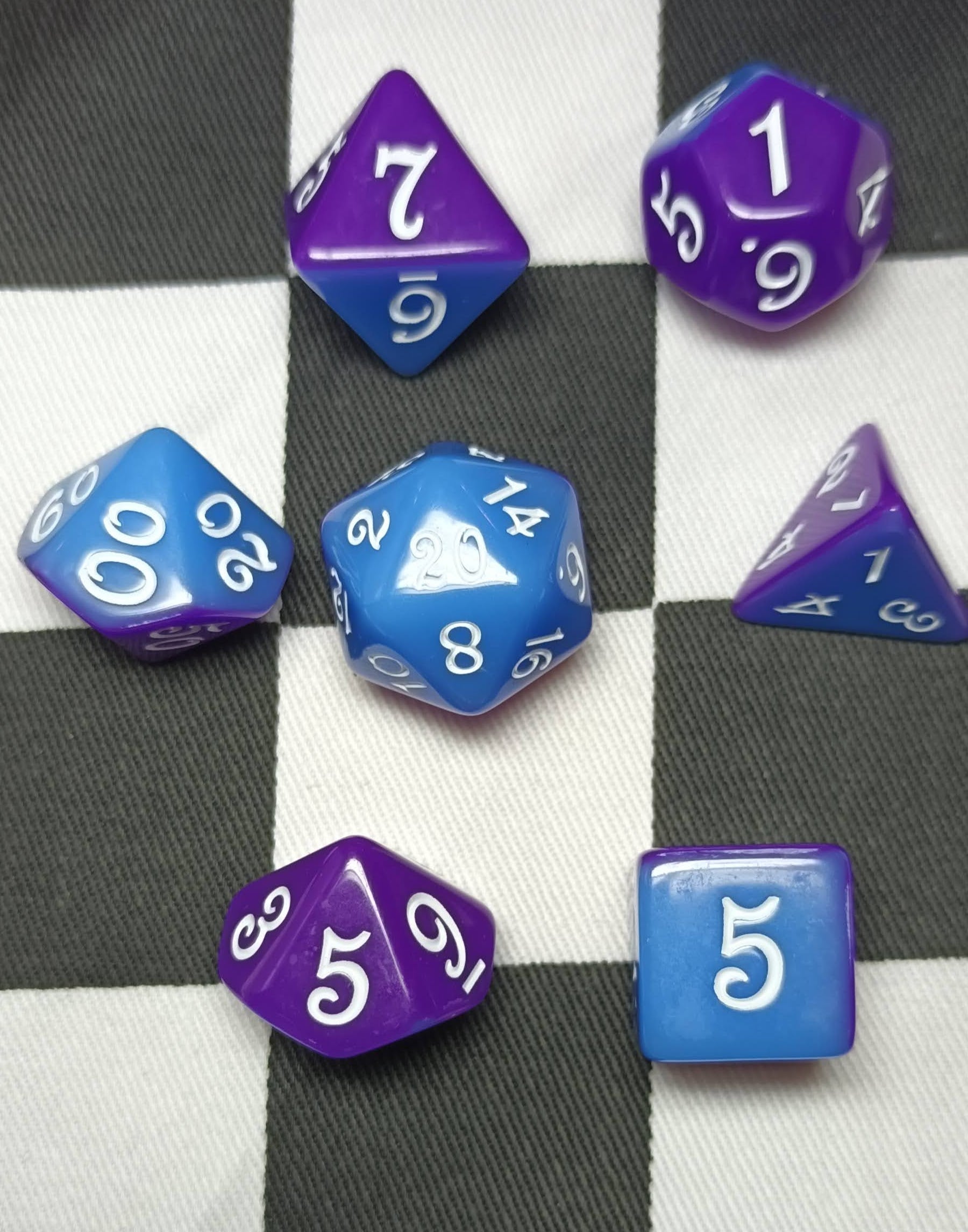 7 x Polyhedral Dice Script Purple Blue with White