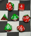 7 x Polyhedral Dice Script Red Green with White