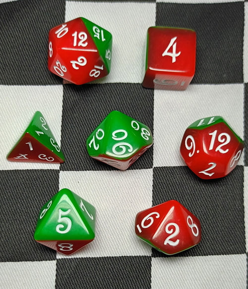 7 x Polyhedral Dice Script Red Green with White