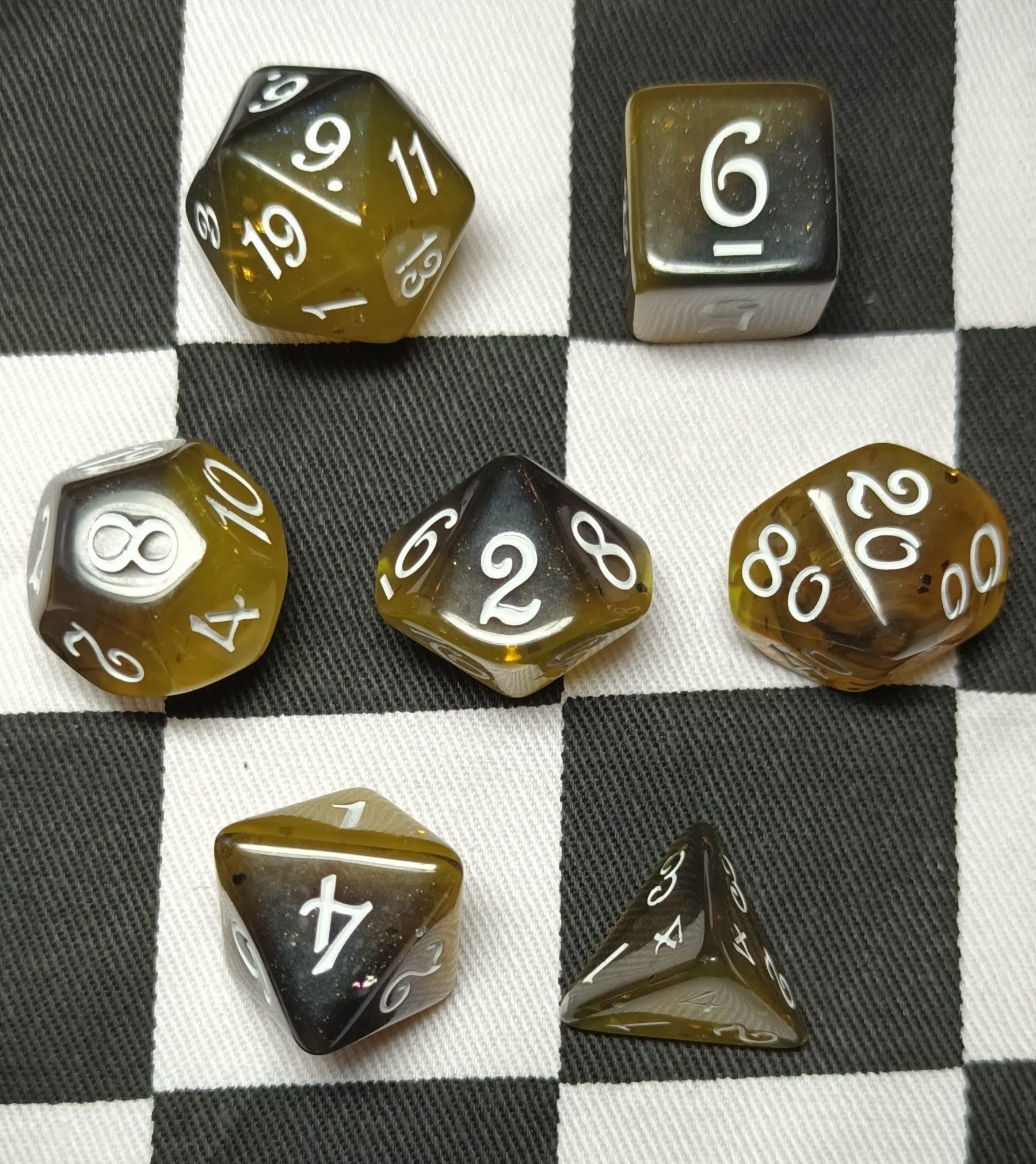 7 x Polyhedral Dice Script Gem Yellow Black with White