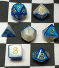7 x Polyhedral Dice Script Blue White with Gold