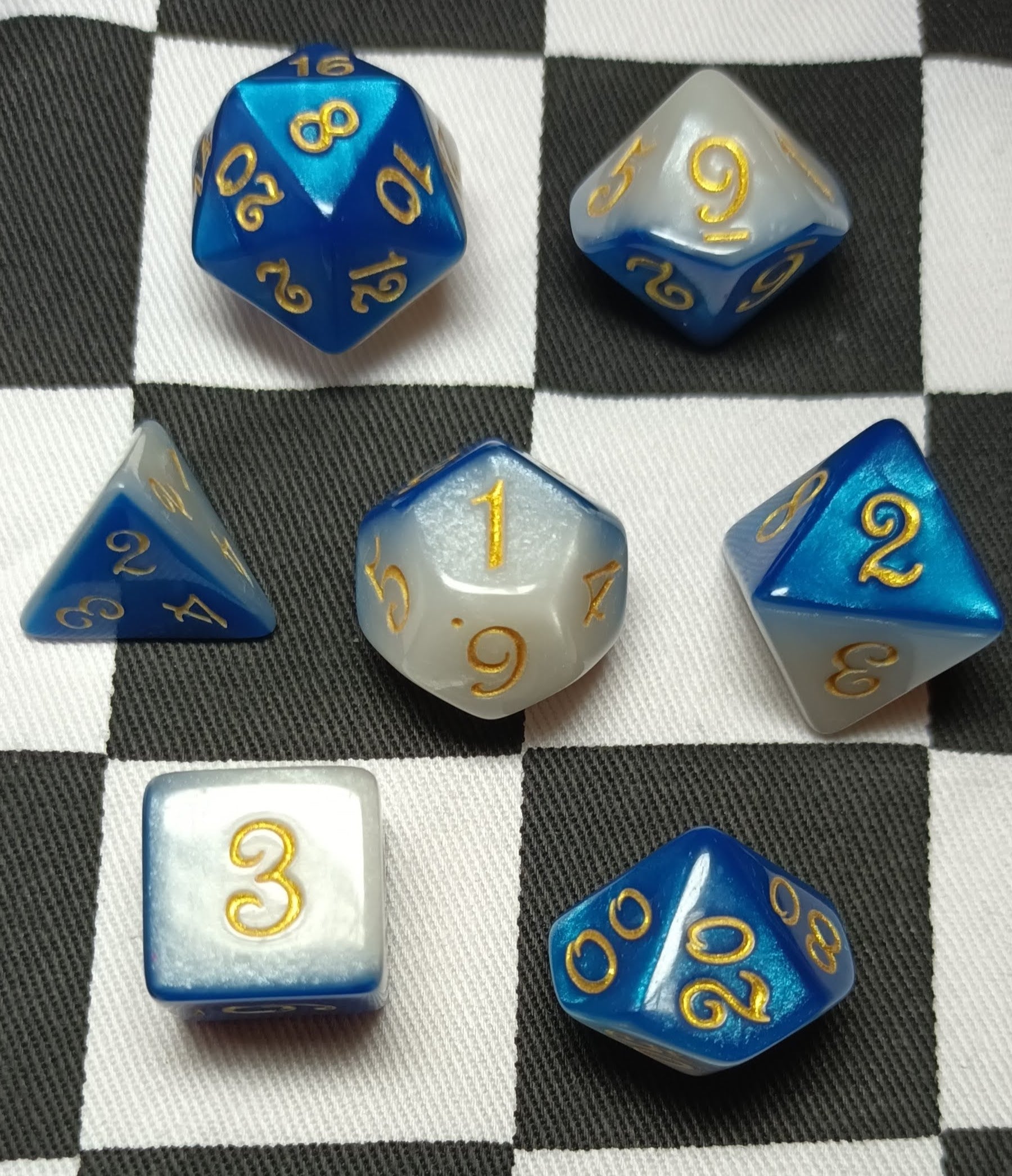 7 x Polyhedral Dice Script Blue White with Gold