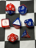 7 x Polyhedral Dice Script Red Blue with White