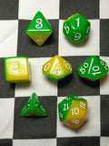 7 x Polyhedral Dice Script Yellow Green with White