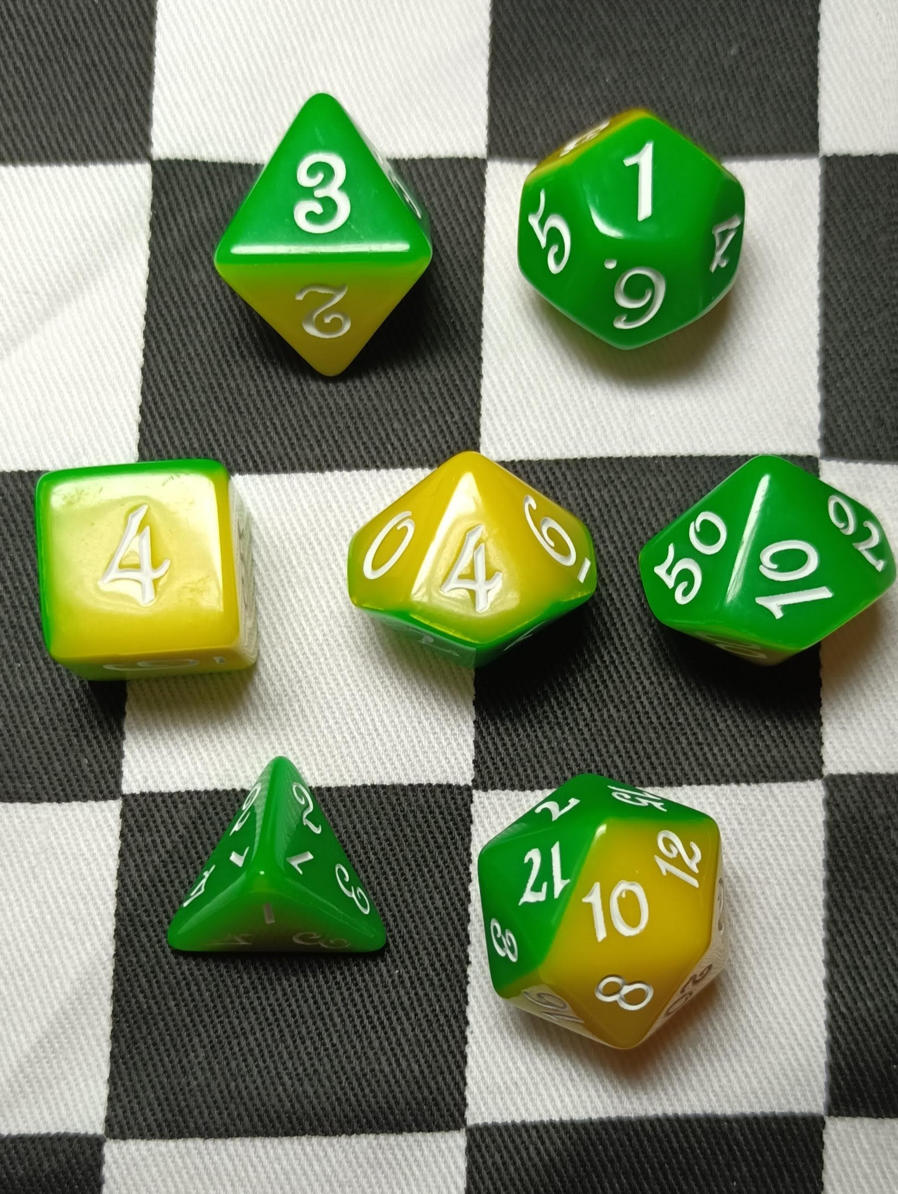 7 x Polyhedral Dice Script Yellow Green with White