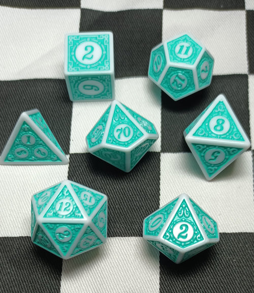 7 x Polyhedral Dice Sigil Magic White with Light Green