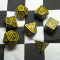 7 x Polyhedral Dice Sigil Magic Black with Yellow