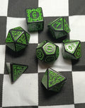 7 x Polyhedral Dice Sigil Druid Black with Green