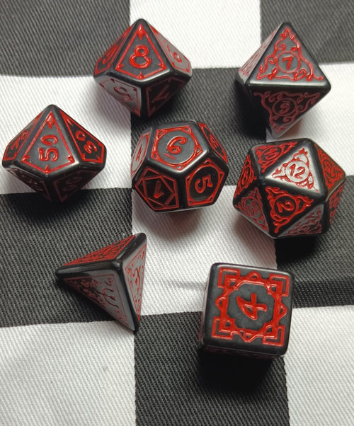 7 x Polyhedral Dice Sigil Druid Black with Red