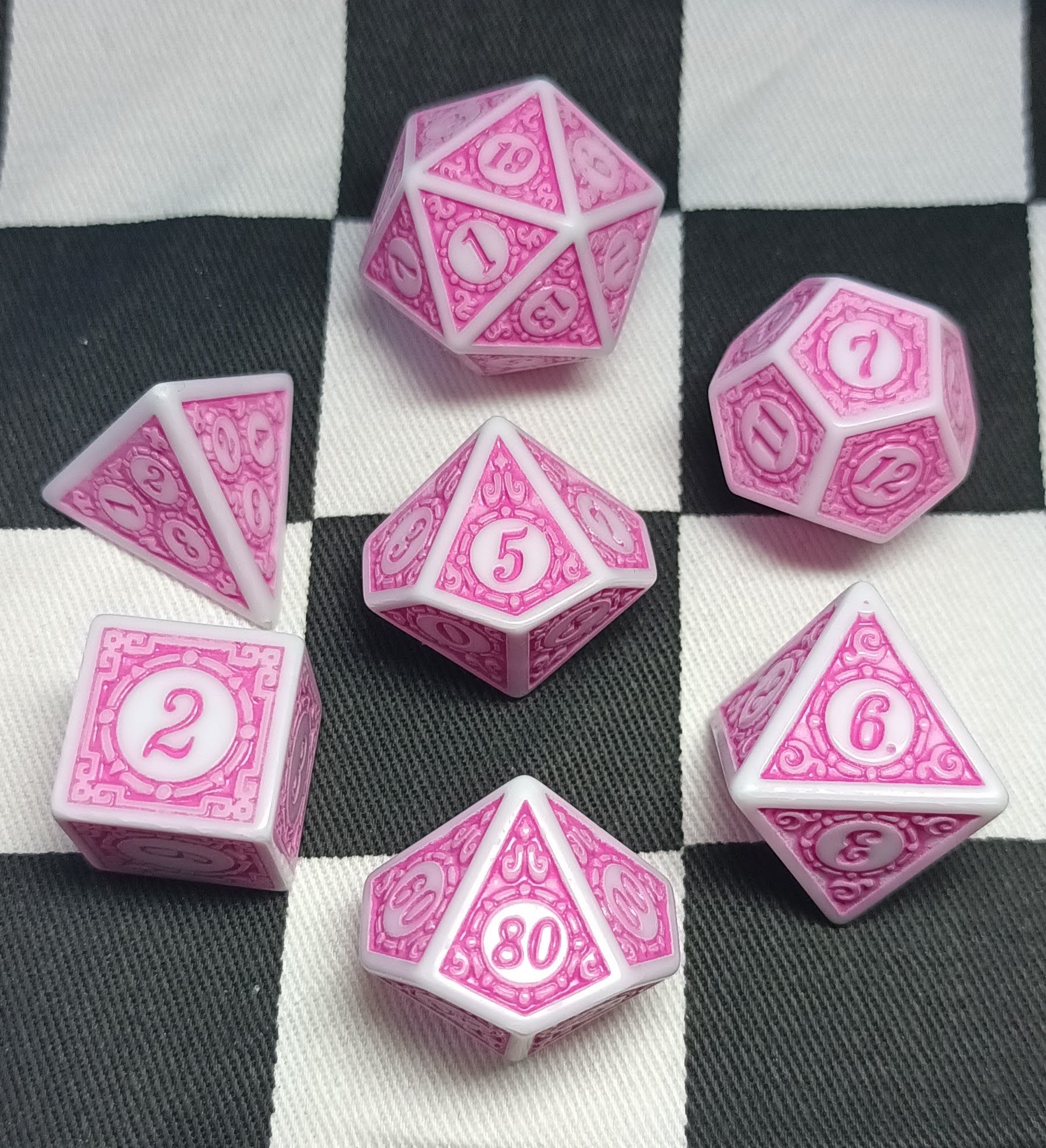 7 x Polyhedral Dice Sigil Magic White with Pink