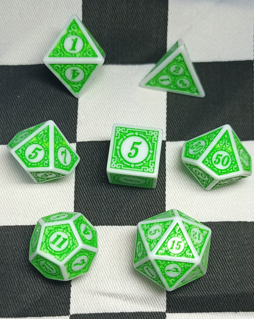 7 x Polyhedral Dice Sigil Magic White with Green