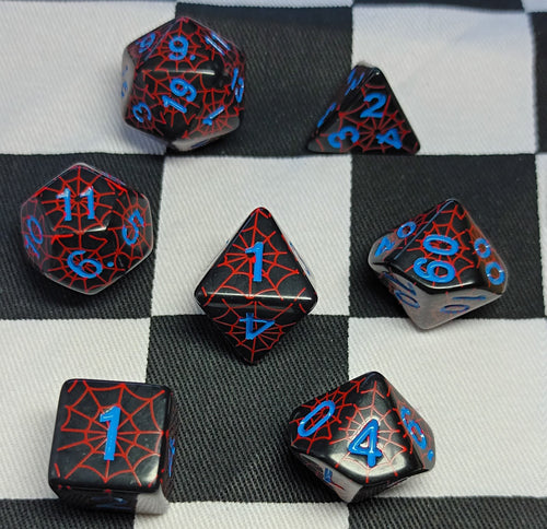 7 x Polyhedral Dice Spider Black Red with Blue