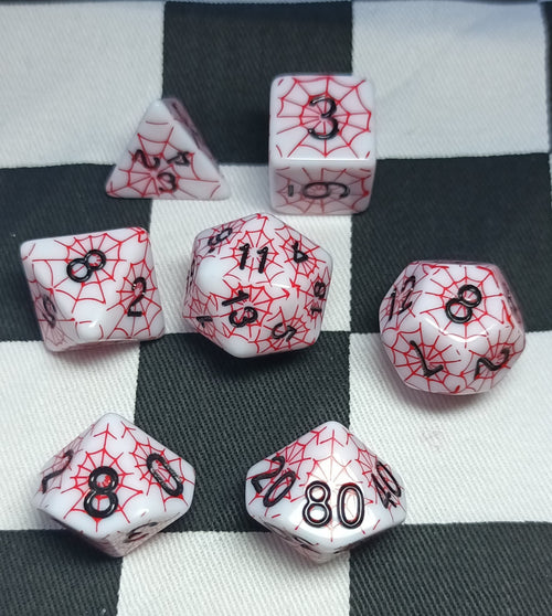 7 x Polyhedral Dice Spider White Red with Black