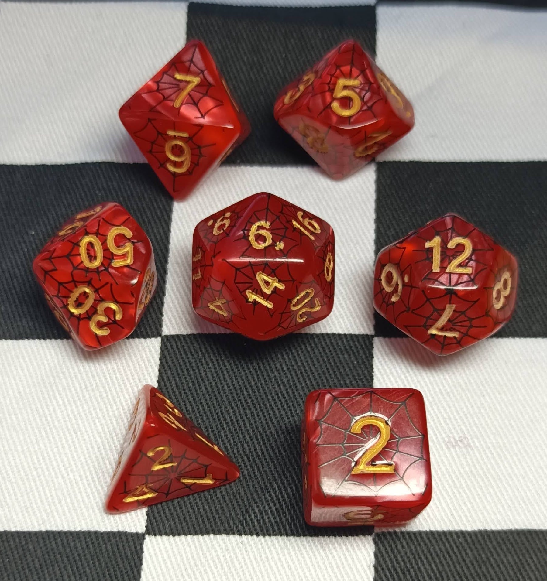 7 x Polyhedral Dice Spider Black Red with Golde
