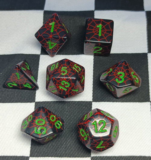 7 x Polyhedral Dice Spider Black Red with Green