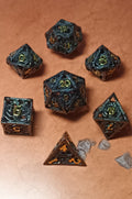 7 x Polyhedral Dice Hollow Metal Dragon Black with Gold Dice
