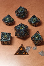 7 x Polyhedral Dice Hollow Metal Dragon Black with Gold Dice