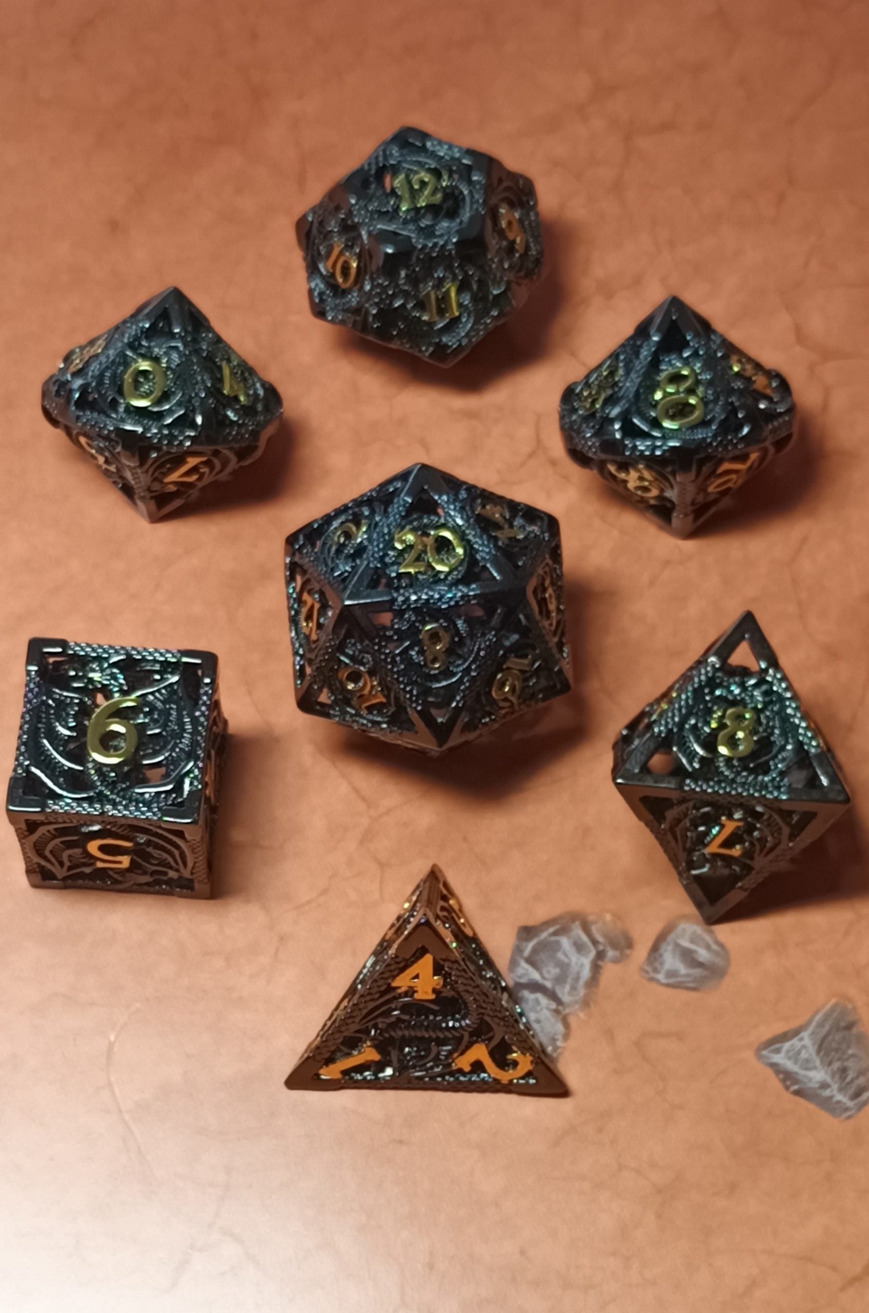 7 x Polyhedral Dice Hollow Metal Dragon Black with Gold Dice