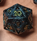 7 x Polyhedral Dice Hollow Metal Dragon Black with Gold Dice