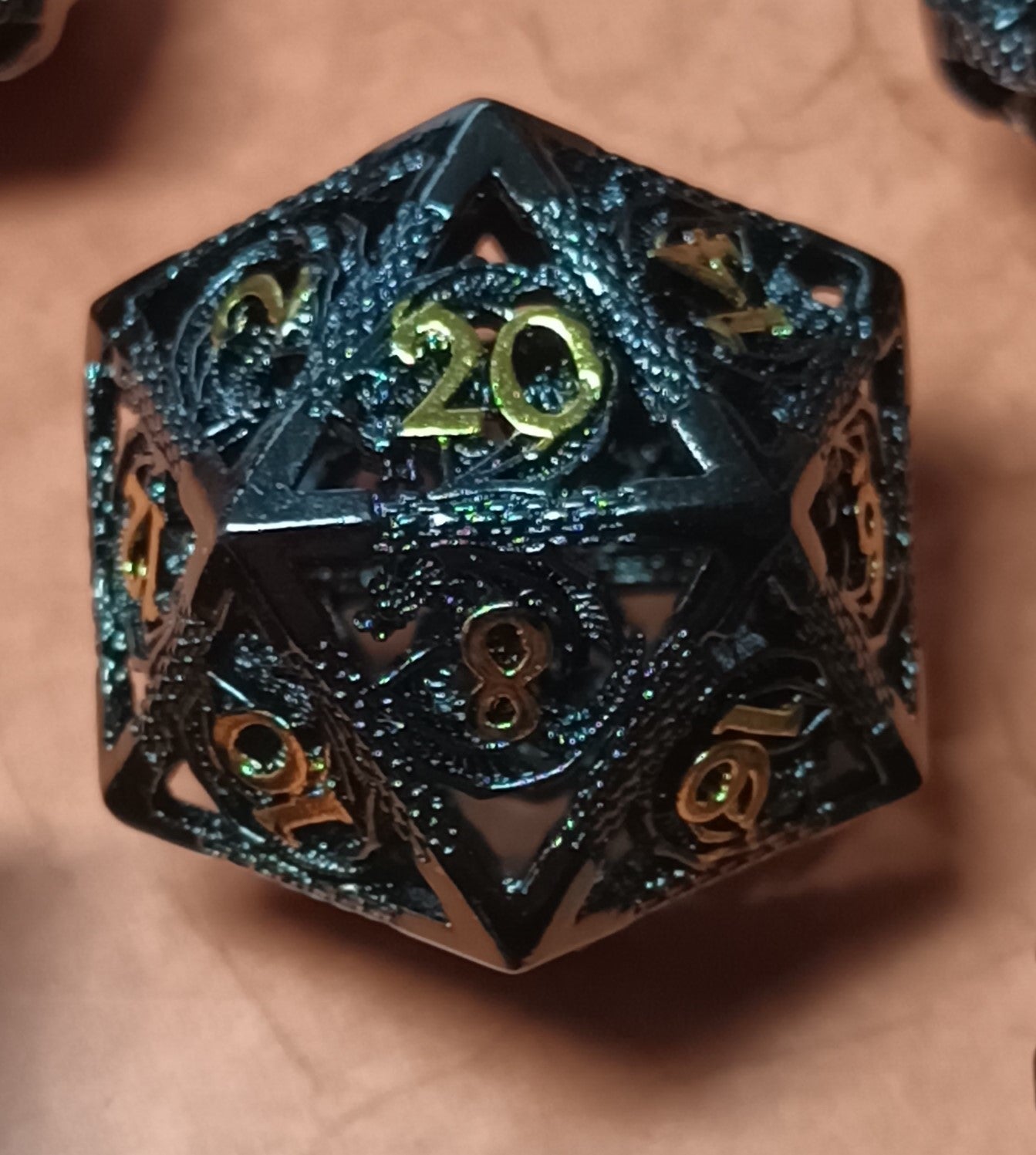 7 x Polyhedral Dice Hollow Metal Dragon Black with Gold Dice