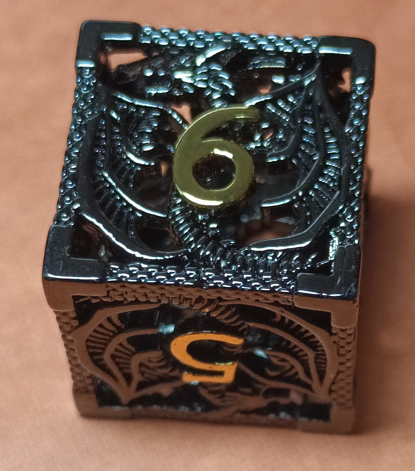 7 x Polyhedral Dice Hollow Metal Dragon Black with Gold Dice